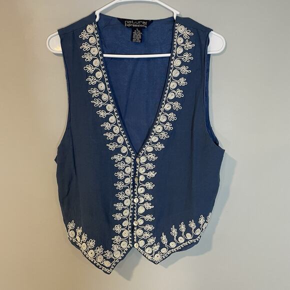 VTG Natural Expressions Size L Floral Embroidered Vest Boho Lightweight Blue - Picture 1 of 7